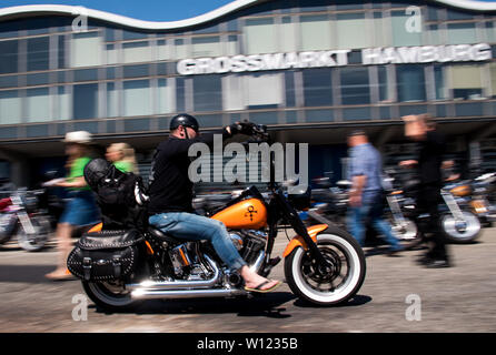 Hamburg, Deutschland. 29 Juni, 2019. Ein Motorrad von dem Hersteller Harley Davidson Fahrten während der Harley Days 2019 Auf dem Gelände am Großhandelsmarkt. Credit: Daniel Bockwoldt/dpa/Alamy leben Nachrichten Stockfoto