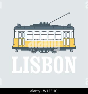 Vintage Tram-Symbol von Lissabon, Portugal, Straßenbahn in Lissabon, Seitenansicht Stock Vektor