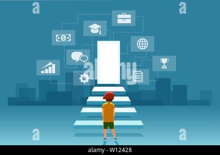 Vektor von ein Kind, ein Junge auf der Treppe an der Tür der modernen digitalen Welt. Konzept der Selbstverwirklichung, Bildung und beruflichen Erfolg Stock Vektor