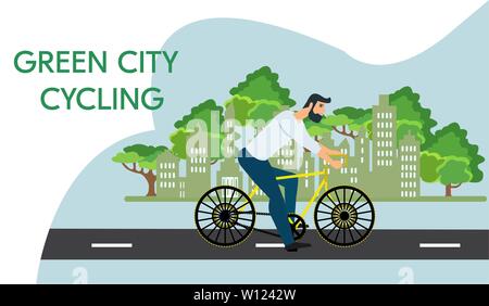 Vektor eines hipster Mann auf einem Fahrrad in der grünen Stadt Stock Vektor