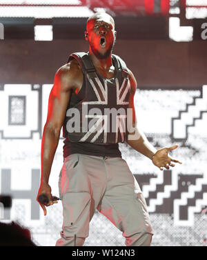 Stormzy, die auf der Pyramide der Bühne während das Glastonbury Festival, würdig Bauernhof in Pilton, Somerset. PRESS ASSOCIATION Foto. Bild Datum: Freitag, Juni 28, 2019. Photo Credit: Yui Mok/PA-Kabel Stockfoto