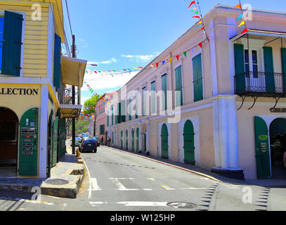 Charlotte Amalie, U.S. Virgin Islands-20 Mai, 2019: Szenische Charlotte Amalie historischen Zentrum und Geschäftsviertel Stockfoto