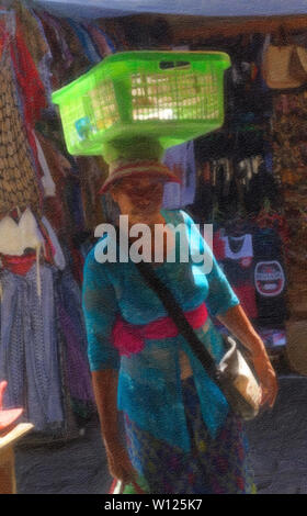 Digital Ölmalerei indonesische Frau in Ubud Markt Tragekorb auf dem Kopf Stockfoto