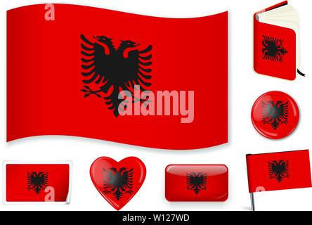 Albanien. Albanische nationale Flagge in Wave, Buch, Kreis, Pin, Button Herz und Aufkleber Formen Stock Vektor