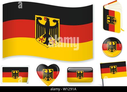 Deutschland. Deutsche Nationalflagge in Welle, Buch, Kreis, Pin, Button Herz und Aufkleber Formen Stock Vektor