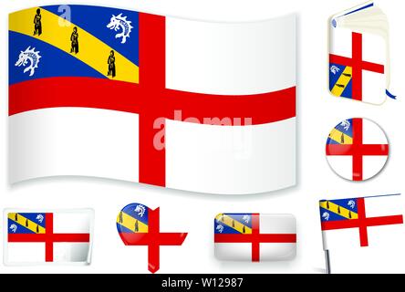 Herm Flagge in Wave, Buch, Kreis, Pin, Button Herz und Aufkleber Formen Stock Vektor