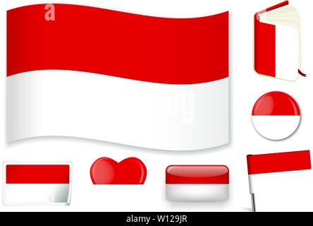 Monaco Nationalflagge in Welle, Buch, Kreis, Pin, Button, Herz und Aufkleber formen. Stock Vektor