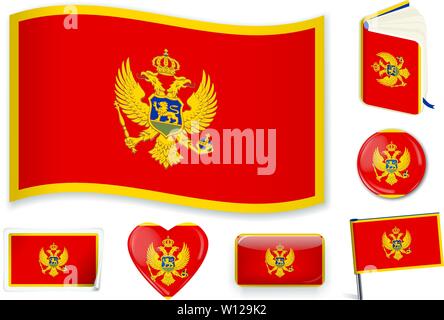 Montenegro. Montenegrinische Flagge in Welle, Buch, Kreis, Pin, Button Herz und Aufkleber Formen Stock Vektor