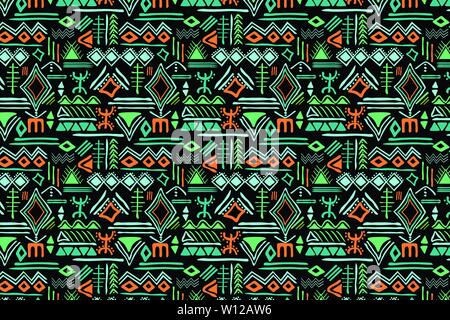 Tribal nahtlose Muster mit archaischen geometrische Verzierung. Primitive ethnischen Stil mit Hand gezeichnet endlose Grenzen. Fröhlich bunte Farbpalette Stock Vektor