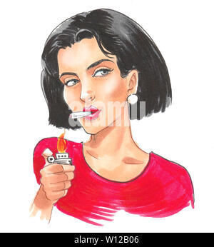 Pretty Woman das Rauchen von Marihuana. Tusche und Aquarell Abbildung Stockfoto