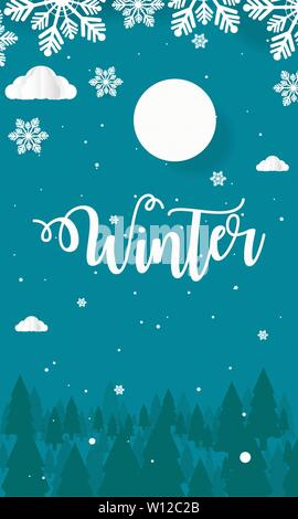 Landschaft im Winter bei Vollmond und verschneiten Hügeln. design Paper Art Stock Vektor