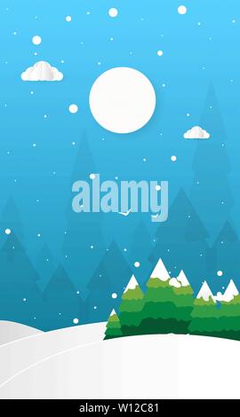 Hallo Winter mit Hügel Berge mit Bäumen, Wolken und Mond Vector Illustration, Flach Stock Vektor