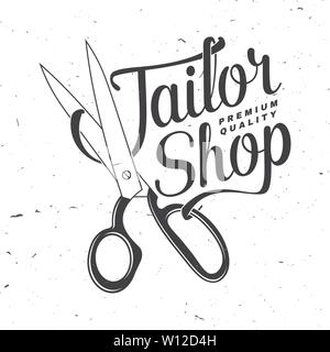 Shop Abzeichen anpassen. Vector Illustration. Konzept für T-Shirt, Druck, Stempel Aufkleber oder T-Stück. Vintage Typografie Design mit Schere Silhouette. Retro Design zum Nähen shop Business Stock Vektor