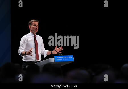 Konservative Partei Führung Kämpfer Jeremy Hunt sprechen während ein Tory Führung hustings in Manchester. Stockfoto