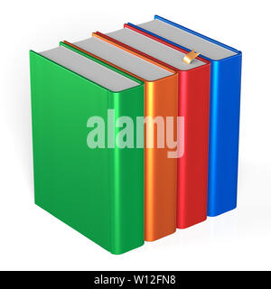 Bücher vier leere Lehrbücher Bücherregal Bücherregal Reihe stehen 4 bunte blau rot orange grün Vorlage. Schule Studium wissen Inhalt ic Stockfoto