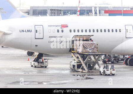 Moskau, Russland - 09 Mai 2019: Tag am Flughafen Sheremetyevo beschäftigt. Vorbereitung des Flugzeuges vor dem Flug, Beladen Stockfoto