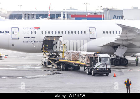 Moskau, Russland - 09 Mai 2019: Tag am Flughafen Sheremetyevo beschäftigt. Vorbereitung des Flugzeuges vor dem Flug, Beladen Stockfoto