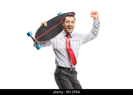 Junge Unternehmer mit einem Longboard Gestik Glück auf weißem Hintergrund Stockfoto