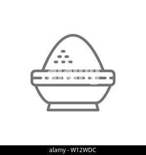 Reis in der Schüssel, indische Küche Symbol Leitung. Stock Vektor