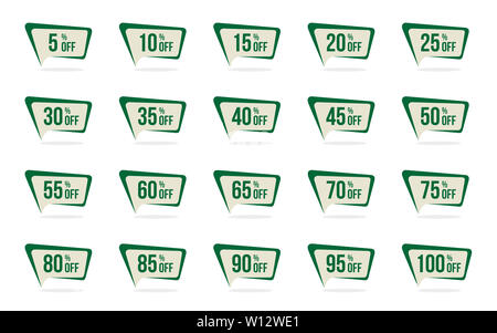 Moderne grüne Verkauf und Rabatt Preis Tag Set 5, 10, 15, 20, 25, 30, 35, 40, 45, 50, 55, 60, 65, 70, 75, 80, 85, 90, 95, 100 Prozent aus Verkauf Vektor Il Stockfoto