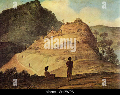 Ein paar der Maori prüfen Rangihoua PA, ein befestigtes Dorf auf dem Gipfel eines steilen Hügel. Dies war die Residenz des Wharepoaka in der Bucht von Inseln, Neuseeland. Stockfoto