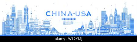 Übersicht China und USA Skyline mit blauen Gebäude. Berühmte Sehenswürdigkeiten. Vector Illustration. USA und China Handelskrieg Konzept. Stock Vektor