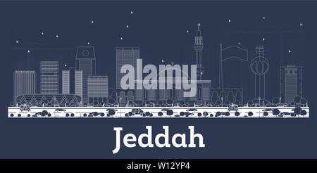 Umrisse Jeddah Saudi-arabien Skyline der Stadt mit weißen Gebäuden. Vector Illustration. Business Travel und Tourismus Konzept mit historischer Architektur. Stock Vektor