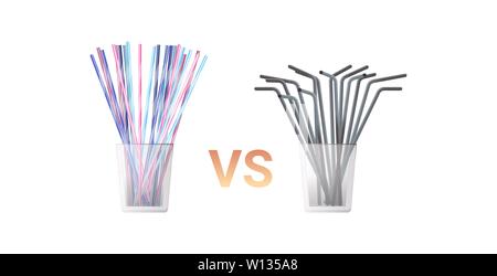 Bunte Trinkwasser aus Kunststoff vs Metall Pailletten in Glas null Abfall Konzept flache weiße horizontale Vektor illustration Stock Vektor