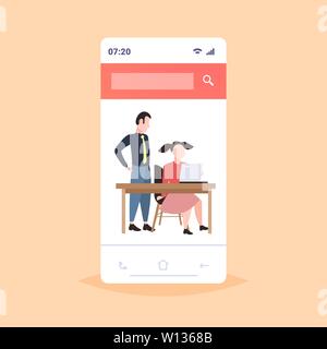 Paar Geschäftsleute mit Laptop am Arbeitsplatz Schreibtisch Geschäftsfrau mit männlichen Assistenten Brainstorming zusammen arbeiten Teamarbeit Begriff Smartphone scre Stock Vektor