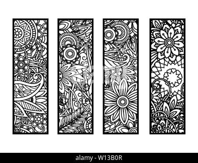 Satz von vier Lesezeichen in Schwarz und Weiß. Doodles Blumen und Ornamente für Erwachsene Malbuch. Vector Illustration. Stock Vektor