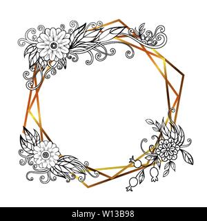 Goldene polygonale moderne Karte mit handgezeichneten Blumen. Florales Rahmendesign. Dreiecke und geometrische Formen. Vektorgrafik. Isoliert auf weißem Hintergrund Stock Vektor