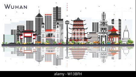 Wuhan China City Skyline mit grauen Gebäuden und Reflexionen isoliert auf Weiss. Vector Illustration. Stock Vektor