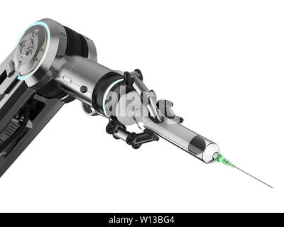 Medizintechnik Konzept mit 3D-rendering Robotic hand mit Spritze Stockfoto
