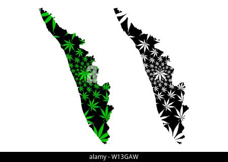 Kerala (Mitgliedstaaten und Union gebieten von Indien, Föderierte Staaten, Republik Indien) Karte cannabis Blatt grün und schwarz ausgelegt ist, Kerala State map ma Stock Vektor