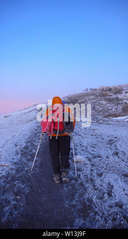 Mount Kilimanjaro, Mount Kilimanjaro Provinz/Tansania: 7. Januar 2016: viele Bergsteiger und Bergführer auf den Gipfel des Mount Kilimanjaro ankommen Stockfoto