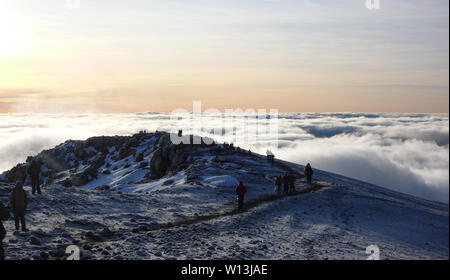 Mount Kilimanjaro, Mount Kilimanjaro Provinz/Tansania: 7. Januar 2016: viele Bergsteiger und Bergführer auf den Gipfel des Mount Kilimanjaro ankommen Stockfoto