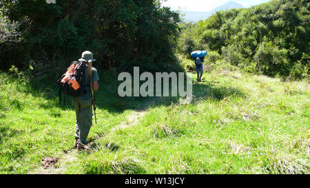 Arusha Nationalpark, Kilimanjaro Provinz/Tansania - 30. Dezember 2015: Bewaffnete Nationalpark Ranger und lokalen Träger Wandern auf den Gipfel des M Stockfoto