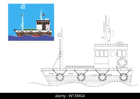 Färbung. Einfache Lernspiel für Kinder. Schiff Vector Illustration Stock Vektor