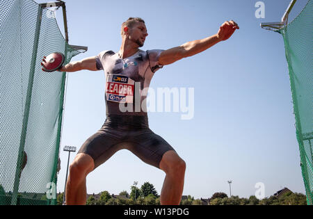 Ratingen, Deutschland. 30. Juni, 2019. Die deutschen Zehnkämpfer Kai Kazmirek in Aktion an der Diskus Wettbewerb der Rund-um-Konferenz. Quelle: Bernd Thissen/dpa/Alamy leben Nachrichten Stockfoto