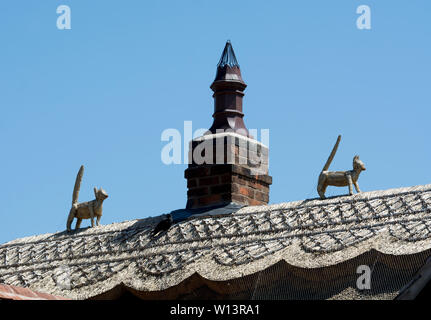 Reetgedeckte Katzen auf einem Strohdach, Welford upon-Avon, Warwickshire, England, Großbritannien Stockfoto