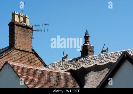 Reetgedeckte Katzen auf einem Strohdach, Welford upon-Avon, Warwickshire, England, Großbritannien Stockfoto