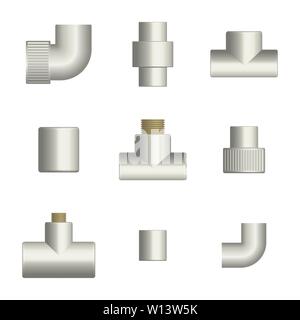Satz von verschiedenen Armaturen und Anschlüsse für Kunststoffrohre, auf weißem Hintergrund. Vorderansicht, Vector Illustration. Stock Vektor