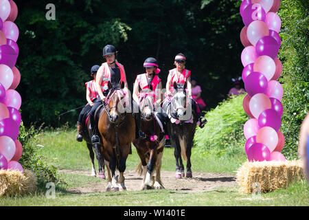 Seeburg, Kent. Samstag 29 Juni 2019, Fahrt für das Leben am Tor der Zünfte. Reiter tragen rosa, eine Nächstenliebe, die Fahrt Geld für Krebsforschung. Stockfoto