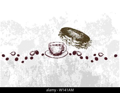 Legen Sie Kaffee zu beginnen, Illustration Hand gezeichnete Skizze einer Schale und Kaffee Glas Topf mit hausgemachten frischen Baguette Sandwich Stock Vektor