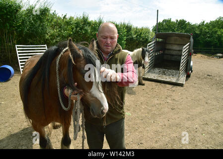 Roma Traveller Tom Price in Pencoed mit seinem Partner Luanne und Tochter Maggie. Er ist auch dargestellt an seinem Haus mit Galway Boss Stockfoto