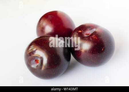 Nahaufnahme von roten Kirschen Pflaumen auf weißem Hintergrund. Drei reife rote Kirschen Pflaumen. Stockfoto