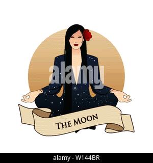 Major arcana Emblem Tarot Karte. Der Mond. Schöne Mädchen, Meditation im Lotussitz und Vollmond im Hintergrund. Sternbild Kleidung, lange dar Stock Vektor