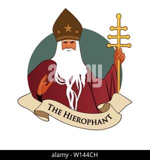 Major arcana Emblem Tarot Karte. Der Hierophant. Papst mit weißem Bart und Hut mit Sternen, Holding einen goldenen Bischofsstab, Segen, mit seiner rechten Hand, ist Stock Vektor