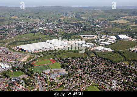 Luftaufnahme von Kingsway Business Park & JD Sports Lager, Rochdale, Großbritannien Stockfoto