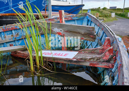 Nahaufnahme von innen Bogen von alten, verlassenen ruinierte Ruderboot, gefüllt mit Regenwasser mit Unkraut wächst, mit einem Schild "Zum Verkauf" auf morschen Sitzbank Stockfoto